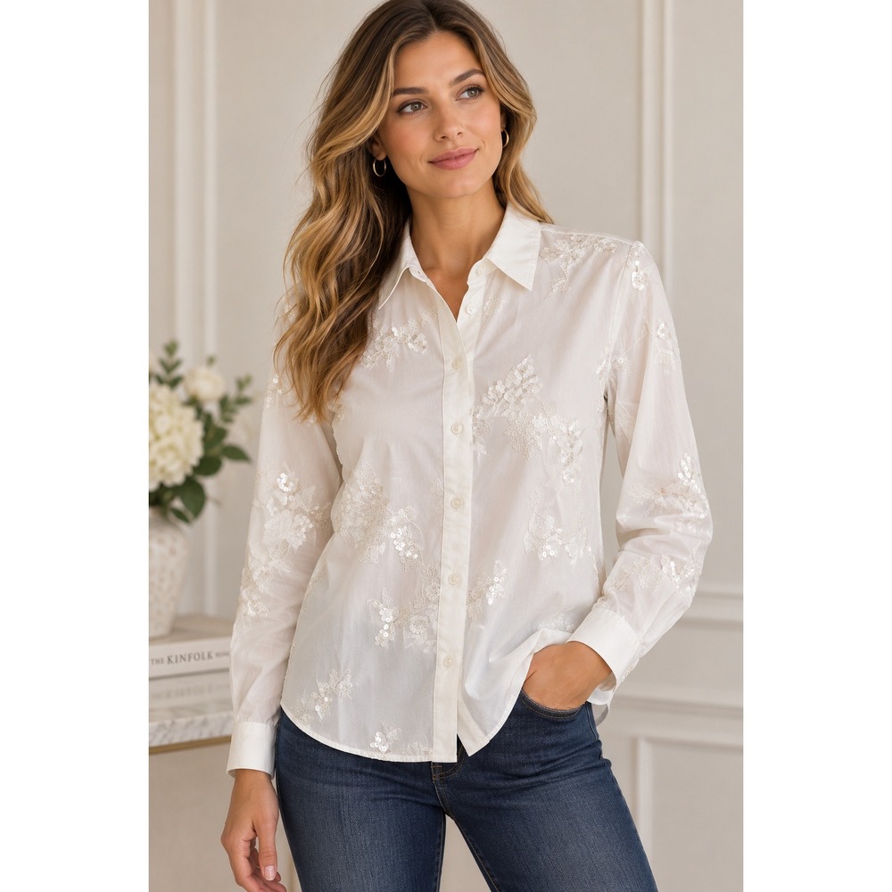 Nanette Lepore Blouse Womens S White Floral Embroidered Sequin Button Down NWT